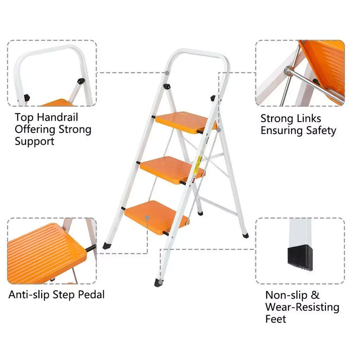 3 Step Ladder Folding Step Stool Steel Anti-Slip For Household Office Use 330lbs