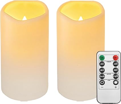 2 Pack Outdoor Waterproof plastic flameless Candles with Remote Control and Timer, LED Flickering Battery Operated electric Pillar Candles