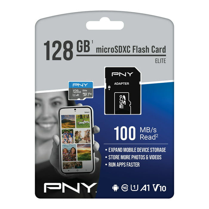 PNY 128GB Elite Class 10 U1 microSDHC Flash Memory Card  for Mobile Devices - 100MB/s, Class 10, U1, V10, A1, Full HD, UHS-I, micro SD