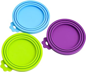 Silicone Can Covers for Pet Food Cans, Dog Cat Food Can Lids Covers, Reusable Universal Size Can Toppers Fit Small Medium Large Cans (Blue Green Purple)