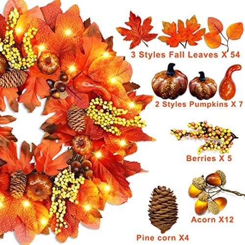 Prelit Fall Wreath 20 Lights with Timer Front Door Decoration