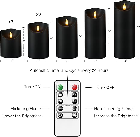 Flameless Candles with Remote, Battery Operated Flickering Flameless Candles, LED Candles with Timer 2/4/6/8H, with Realistic LED Candles Set of 9 (D3 x H 3" 4" 5" 6" 7") (Black)