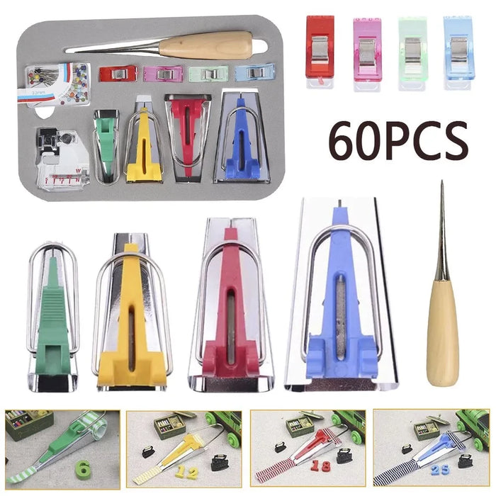 60pcs Fabric Bias Binding Tape Maker Kit Binder Foot Sewing Quilting DIY Tool