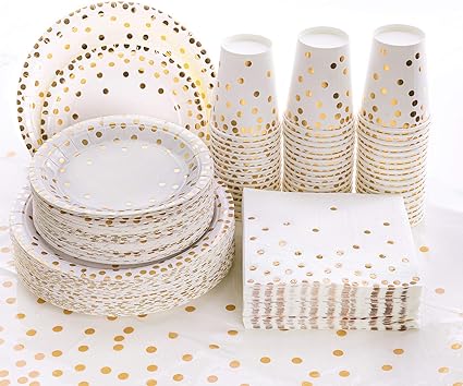 201 Pieces Disposable Paper Plates Gold Party Supplies, Golden Polka Dots