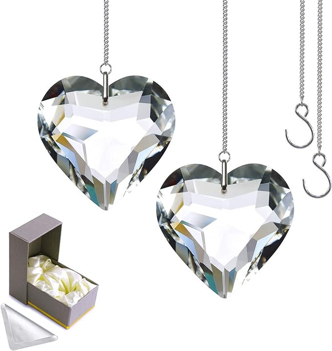 Clear Crystal Suncatcher, 2pc 45mm Heart, Handmade Prism Pendant for Windows