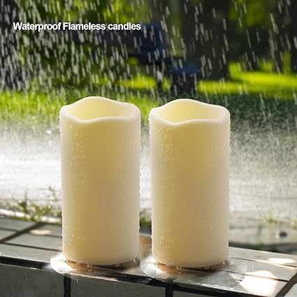 2 Pack Outdoor Waterproof plastic flameless Candles with Remote Control and Timer, LED Flickering Battery Operated electric Pillar Candles
