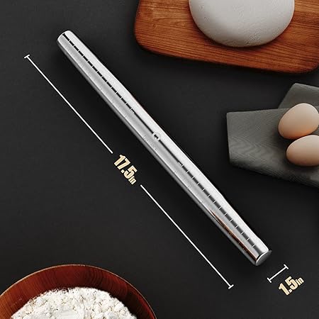 17.5" Rolling Pin with Silicone Baking Mat Extra Large for Fondant, Rolling Dough, Pie Crust, Pizza and Cookies 16" x 24" Pastry Mat and French Stainless Steel Rolling Pin for Baking