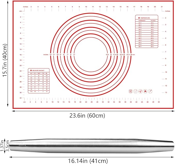 FAVIA French Rolling Pin for Baking with Pastry Mat 16 inch Stainless Steel Dough Roller for Mak...