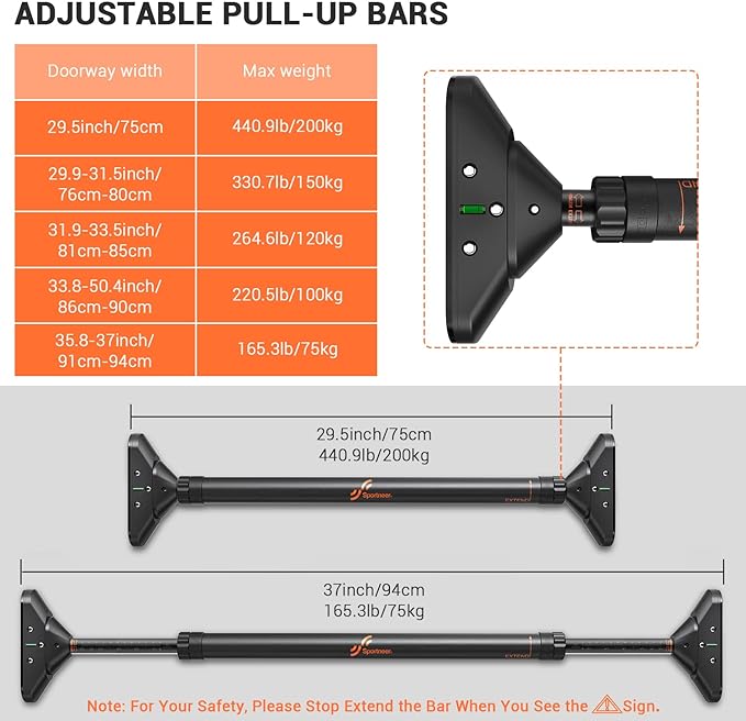 Sportneer Pull Up Bar: Strength Training Chin up Bar without Screws - Adjustable