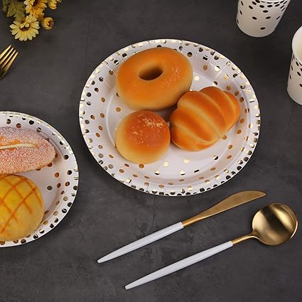 201 Pieces Disposable Paper Plates Gold Party Supplies, Golden Polka Dots