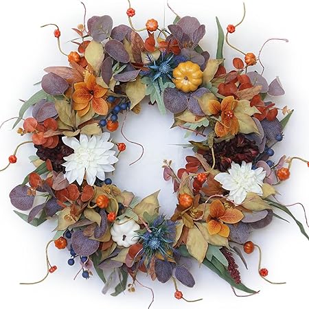 24 Inch Fall Wreaths for Front Door Outside, Soomeir Pumpkins Large Autumn Wreath Fall Decor with Silk Leaves for Halloween Thanksgiving Decorations Indoor Outdoor Farmhouse