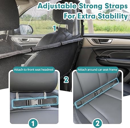 Dog Car Barrier Escape-Proof, 50" Wide Car Divider for 2nd 3rd Row Seats & Cargo Area, Durable Back Seat Car Gate Trunk Barrier with See Through Net Mesh for Small Trucks & SUV & Mid-Sized Vehicle