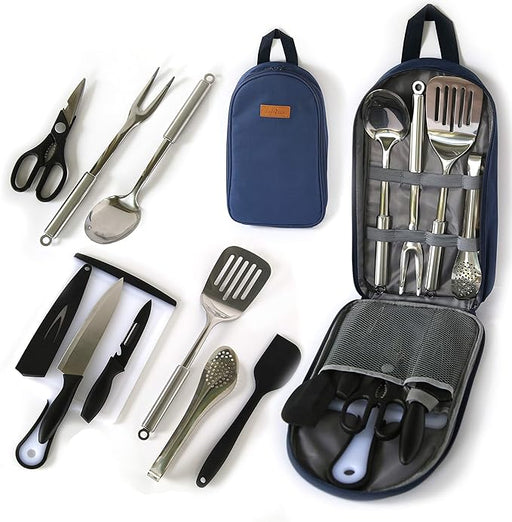 Camp Cooking Utensil Set & Outdoor Kitchen Gear-10 Piece Cookware Kit, Portable Compact Carry Ca...