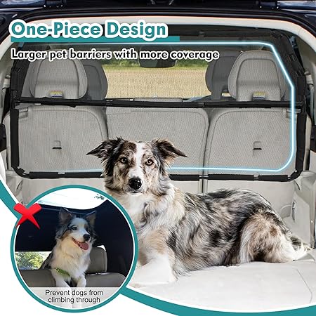 Dog Car Barrier Escape-Proof, 50" Wide Car Divider for 2nd 3rd Row Seats & Cargo Area, Durable Back Seat Car Gate Trunk Barrier with See Through Net Mesh for Small Trucks & SUV & Mid-Sized Vehicle