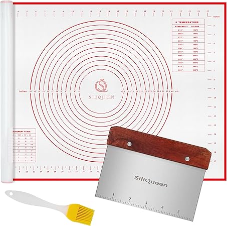 Silicone Pastry Baking Mat with Measurements Extra a Brush and a Dough Scraper- 27.5” x 20” Heat Resistant, BPA Free, Non-Stick Non-Slip Pastry Mat for Rolling Dough, Easy to Clean, Red