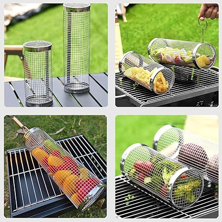 Rolling Grilling Basket, Outdoor Camping BBQ Rack,Stainless Steel camping grill accessories,for Fish, Shrimp, Meat, Vegetables,Fries