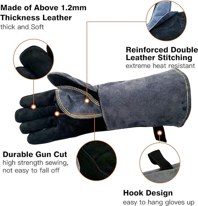 Leather Forge Welding Gloves, Heat/Fire Resistant,Mitts for BBQ, Fireplace