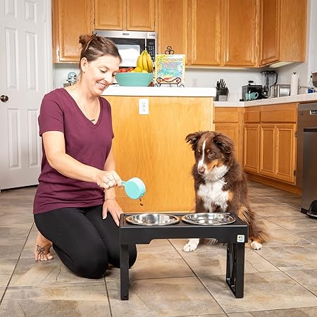 Pet Zone Elevated Dog Bowls Designer Diner 3 Height Adjustable Raised Dog Bowl Stand With 2 Stainless Steel Dog Bowls (7 Cup Capacity Each)