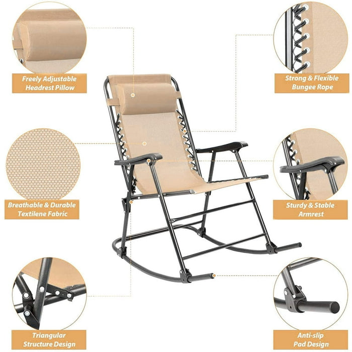 Devoko Zero Gravity Rocking Chair with Headrest Pillow Folding Recliner Foldable Lounge Chair, Beige