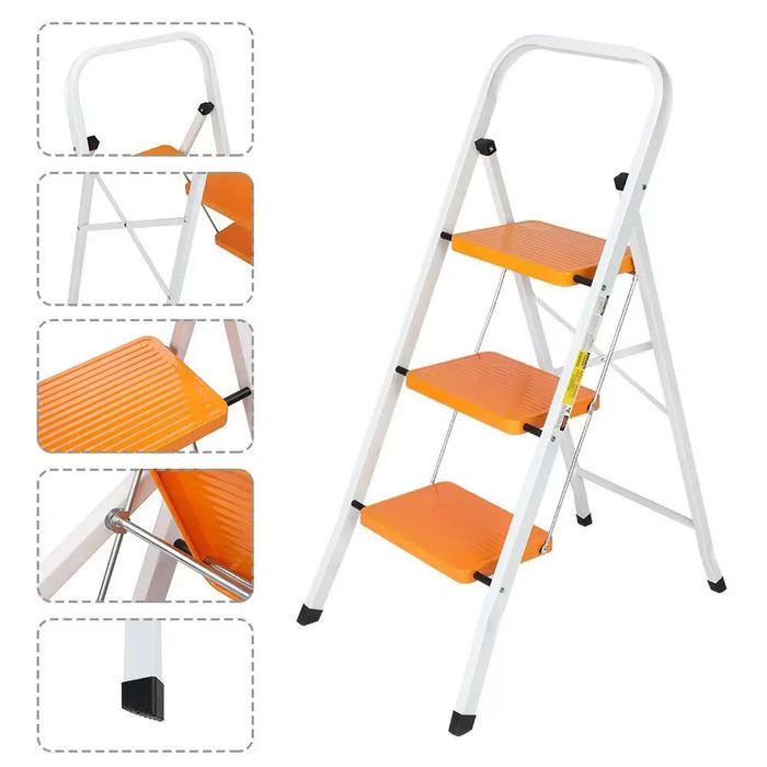 3 Step Ladder Folding Step Stool Steel Anti-Slip For Household Office Use 330lbs