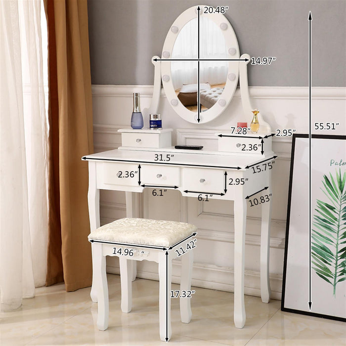 Vanity Makeup Dressing Table Set w/Stool 5 Drawer & Mirror Wood Desk White