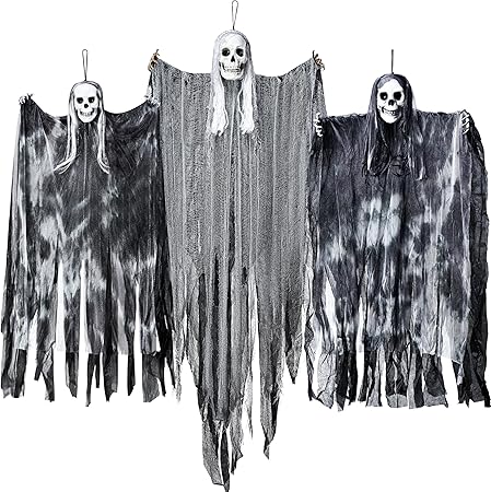 3 Pack Hanging Halloween Skeleton Ghosts Decorations, Grim Reapers for Best Halloween Outdoor Decorations, Haunted Haunted House Prop, Halloween Party Supplies Decor