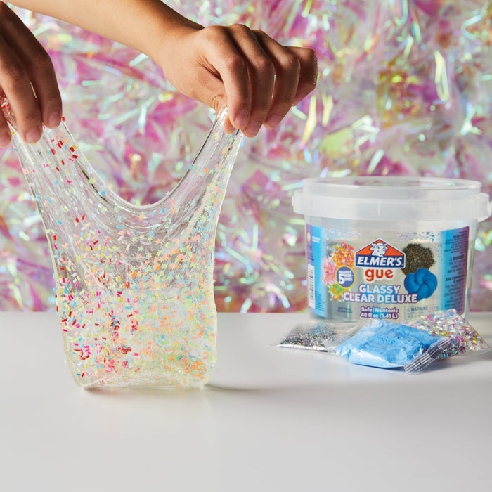 Elmer's Gue Premade Slime, Glassy Clear Slime, Includes 5 Sets of Slime Add-ins, 3 Lb. Bucket