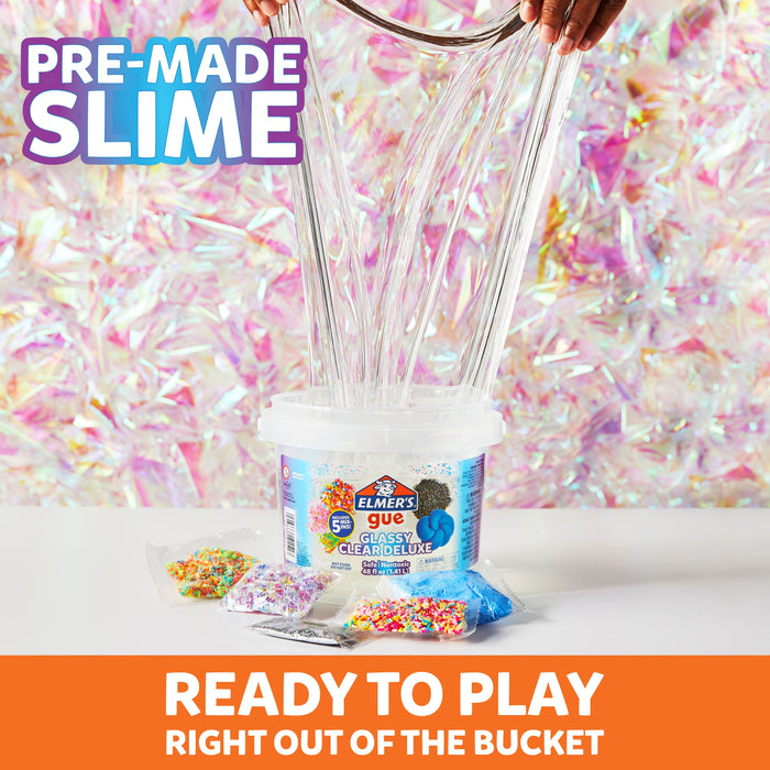 Elmer's Gue Premade Slime, Glassy Clear Slime, Includes 5 Sets of Slime Add-ins, 3 Lb. Bucket
