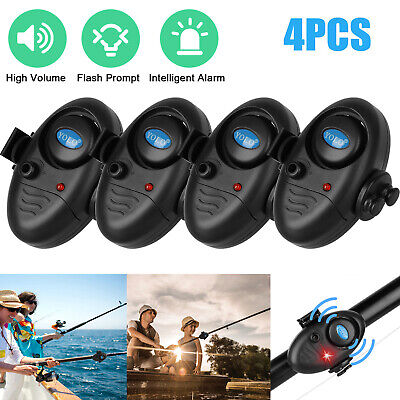4x Electronic LED Light Fish Bite Sound Alert Alarm Bell Clip on Fishing Rod Set