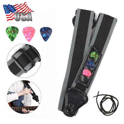 Guitar Strap Nylon Picks Holder Adjustable w/ 3 Picks for Acoustic Electric Bass