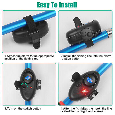 4x Electronic LED Light Fish Bite Sound Alert Alarm Bell Clip on Fishing Rod Set