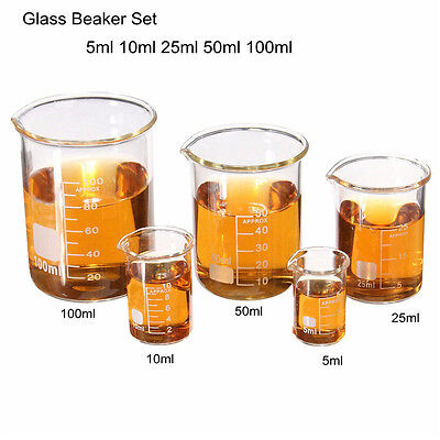 1 Set Low Form Glass Beaker 5 10 25 50 100ml Borosilicate Measuring Lab Glassware