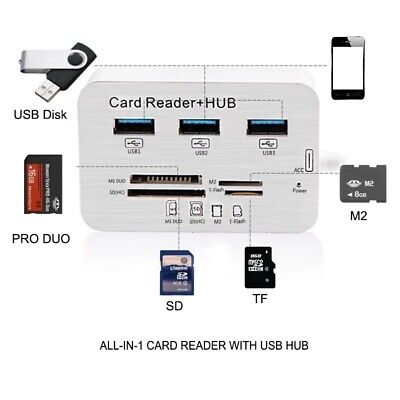 Aluminum 3 Port USB 3.0 Hub MS SD M2 TF Multi-In-1 Memory Card Reader Adapter