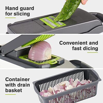 12 in 1 Vegetable Chopper Cutter Spiralizer Mandolin Slicer Grater W/ Container