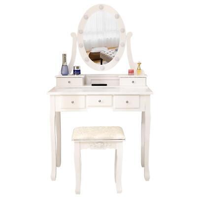 Vanity Makeup Dressing Table Set w/Stool 5 Drawer & Mirror Wood Desk White