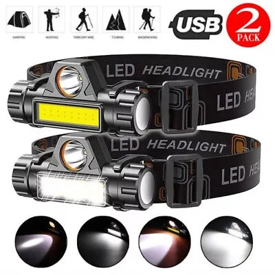 2 Pack USB Rechargeable Waterproof LED Headlamp Headlight Head Light Flashlight