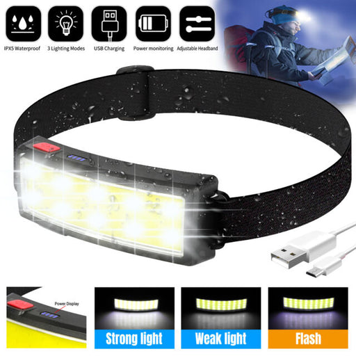 COB LED Headlamp Head Torch Lamp USB Rechargeable Headlight Work Flashlight IPX5