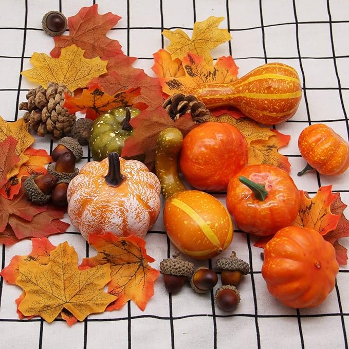 Thanksgiving Artificial Pumpkins Home Decoration Set, Mixture of 50 Artificial Harvest ...