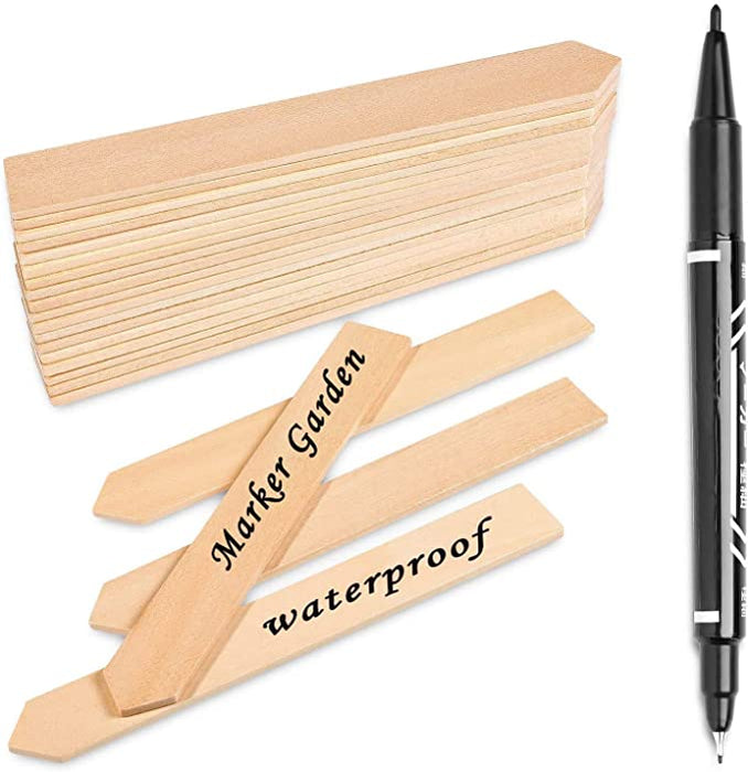 Whaline 50Pcs Wooden Plant Labels with A Marker Pen, Waterproof Pointed Wooden Plant Sign Tags E...