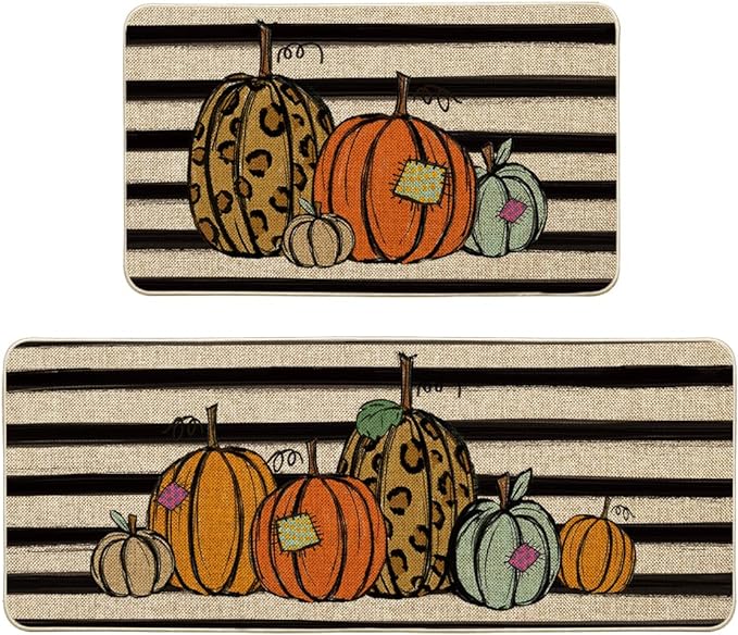 Artoid Mode Watercolor Stripes Pumpkin Decorative Kitchen Mats Set of 2, Home Seasonal Fall Holi...