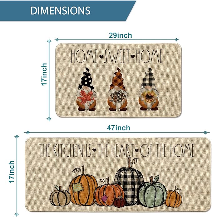 Artoid Mode Home Sweet Home Gnome Pumpkin Decorative Kitchen Mats Set of 2, The Kitchen is The H...