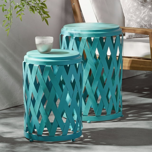 Shelby Outdoor Small and Large Iron Side Table Set, Set of 2, Matte Teal