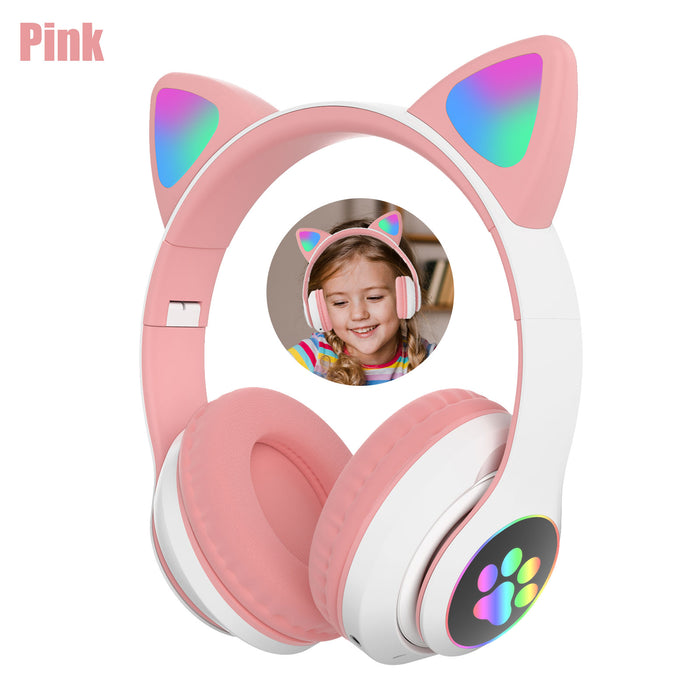 Girls Wired Wireless Headphones Cat Ear Headsets LED w/Mic Earphone