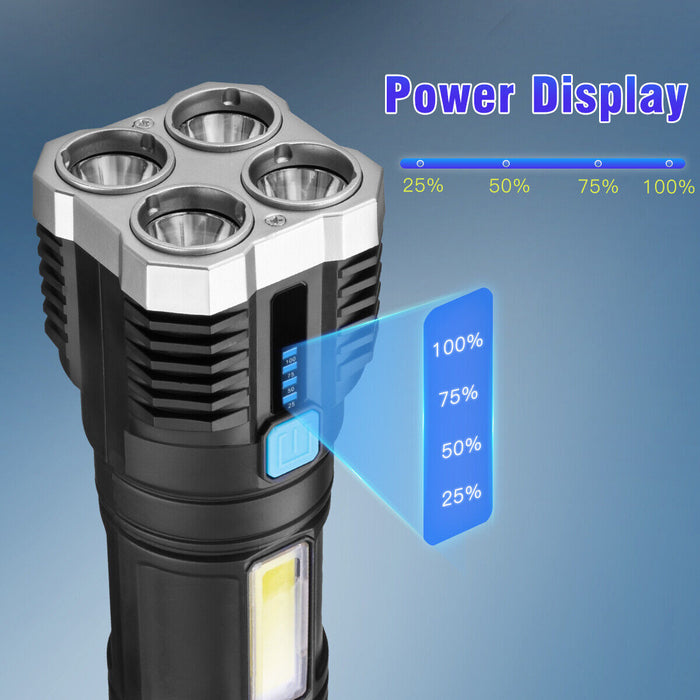 4-Head Super Bright Torch LED Flashlight USB Rechargeable Camping Tactical Lamp