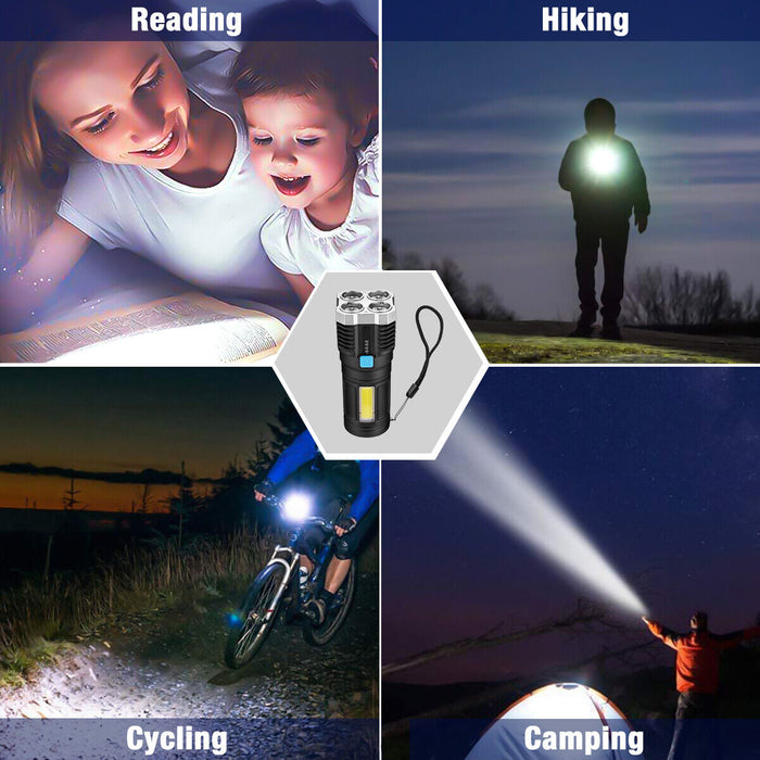 4-Head Super Bright Torch LED Flashlight USB Rechargeable Camping Tactical Lamp