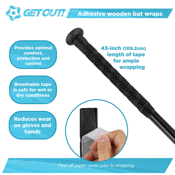 Get Out! Baseball Bat Grip Tape - 43in Black Sport Handle Grip Wrap Tape