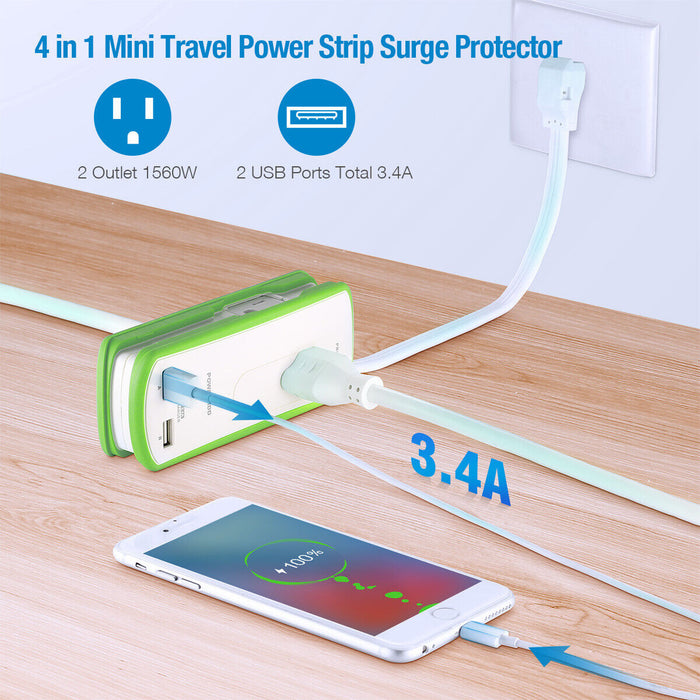 Wall Mountable USB Surge Protector Power Strip with 2 USB Ports 2 Outlet Plugs