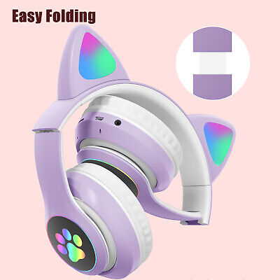 Girls Wired Wireless Headphones Cat Ear Headsets LED w/Mic Earphone