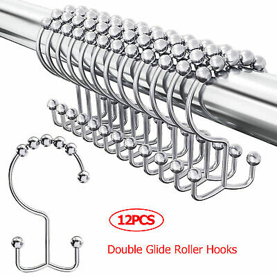 12pcs Metal Shower Curtain Hooks Double Glide Roller Set Stainless Steel