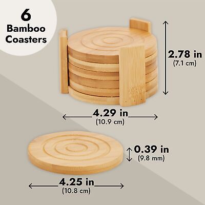 Set of 6 Bamboo Wood Coasters with Holder for Coffee Table, Hot Drinks, 4.3 In